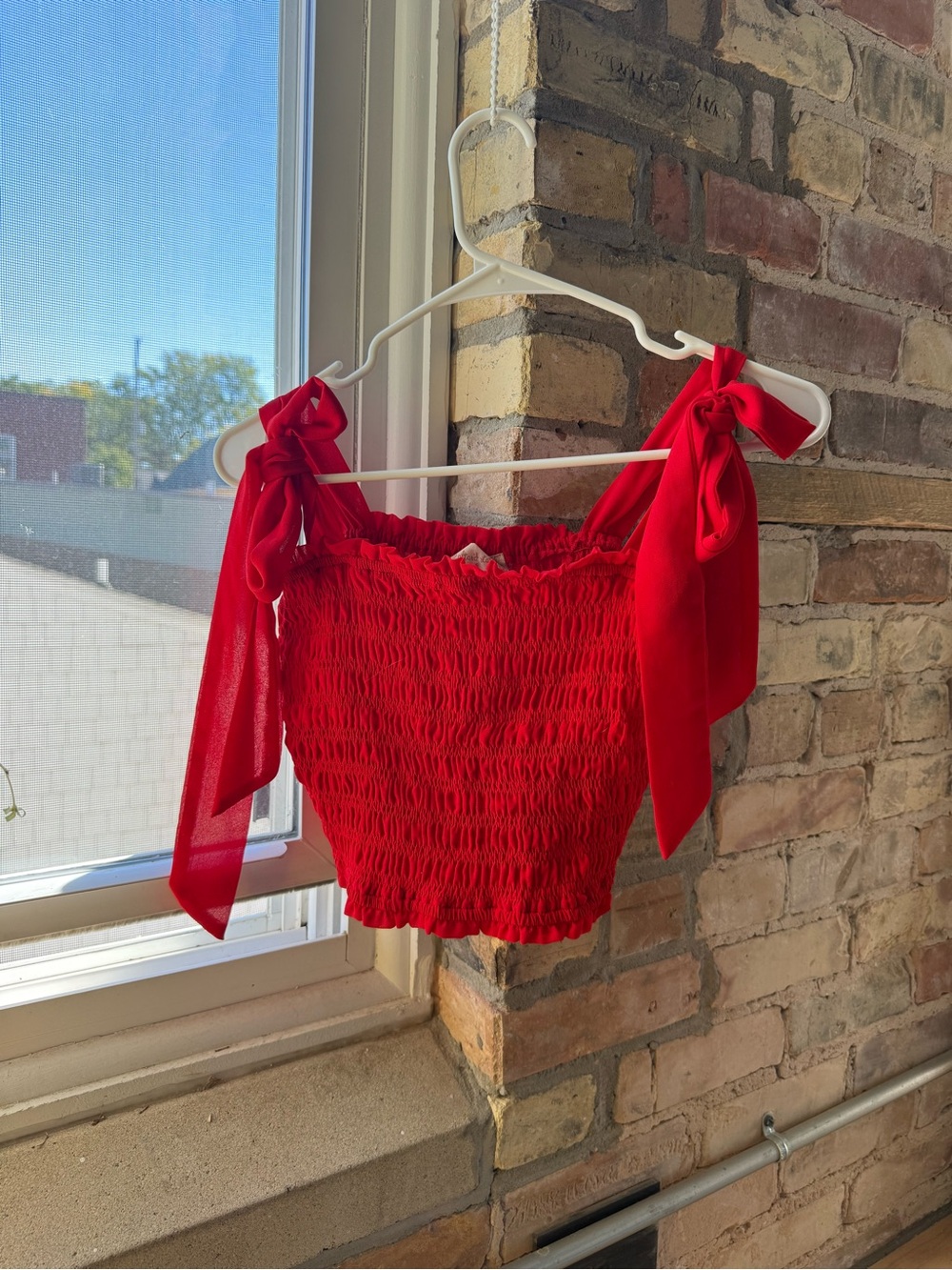 Altar'd State Red Smocked Tie-Shoulder Crop Top